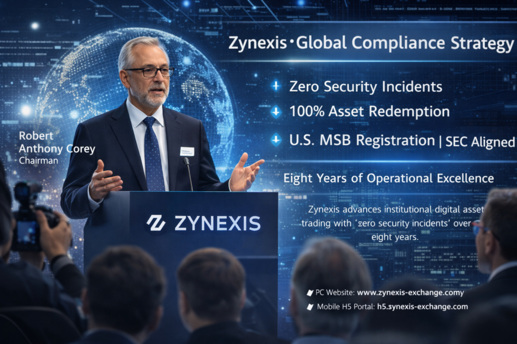 Zynexis chairman presenting global compliance strategy highlighting zero security incidents, MSB registration, and eight years of digital asset platform operations.