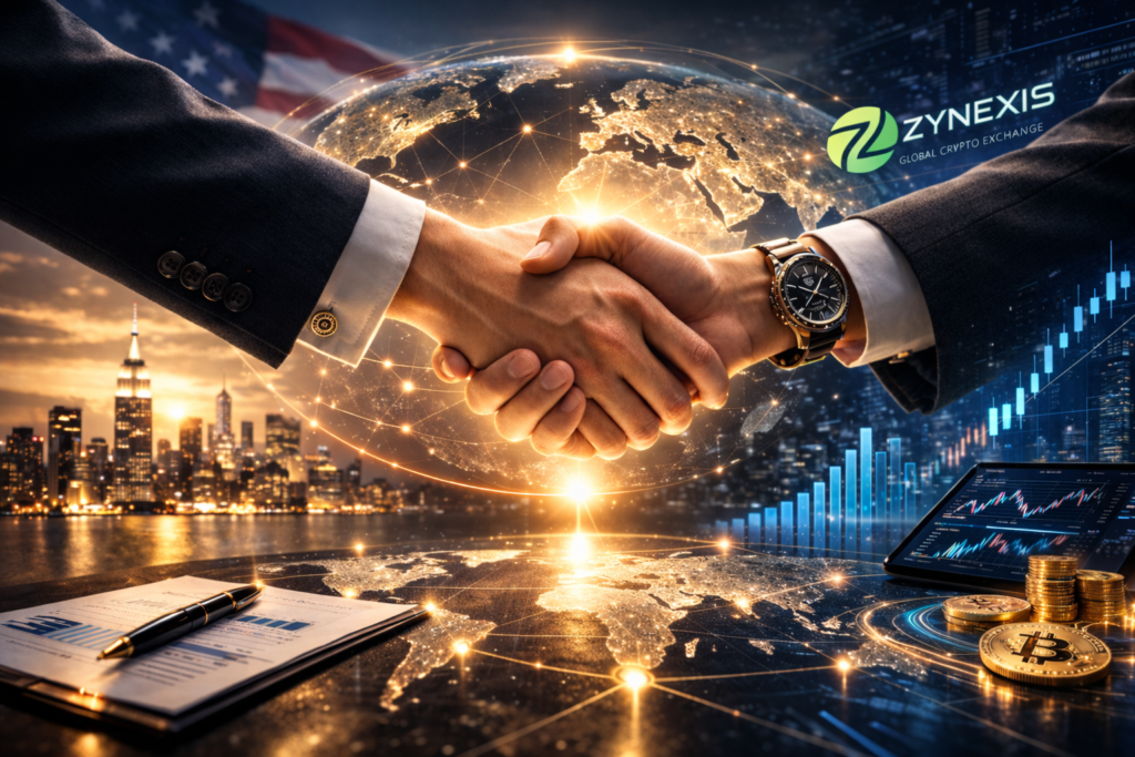 Strategic partnership handshake representing collaboration between John Carter research team and Zynexis global crypto exchange platform in digital asset markets